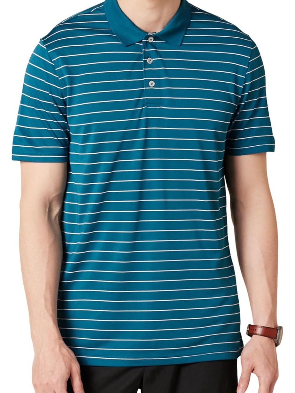 🚘 🆕 Amazon Essentials Teal & White Striped Polo moisture wicking slim fit golf L